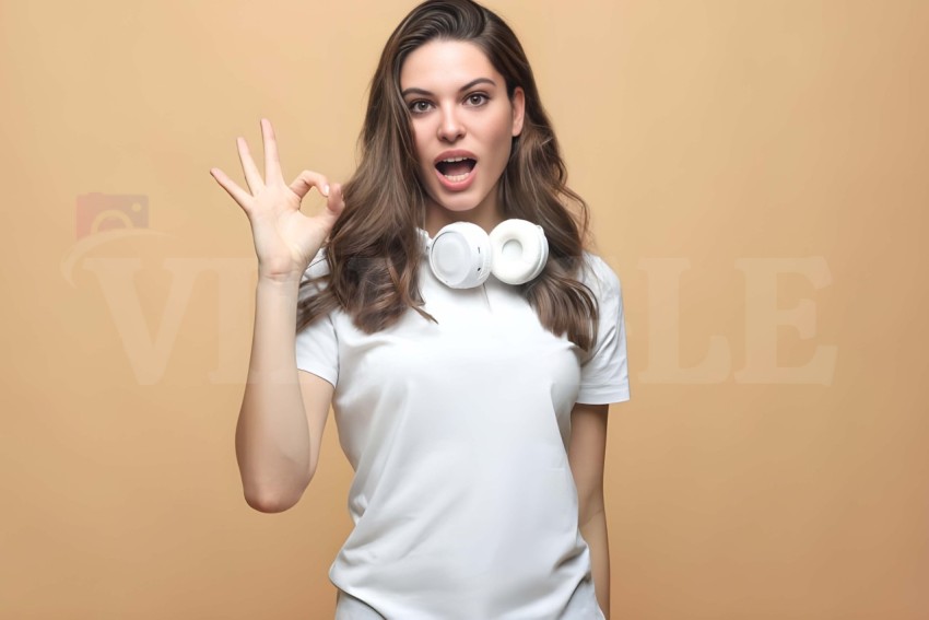 Woman With Headphones Free White Tshirt Mockup