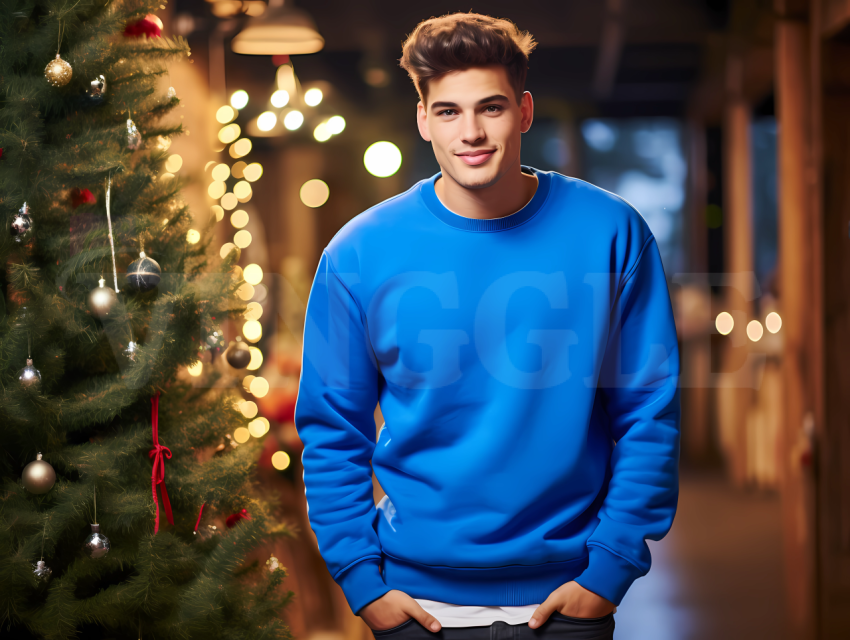 Free Gildan 18000 Blue Man Christmas Sweatshirt Mockup