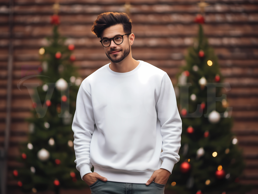 Free Gildan 18000 White Man Christmas Sweatshirt Mockup