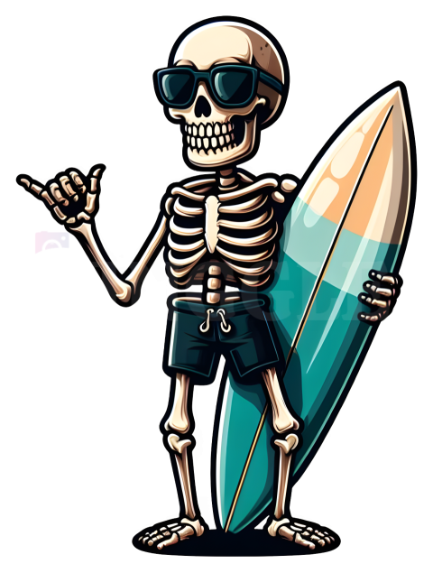Skeleton Summer Surf Tshirt Design Sticker
